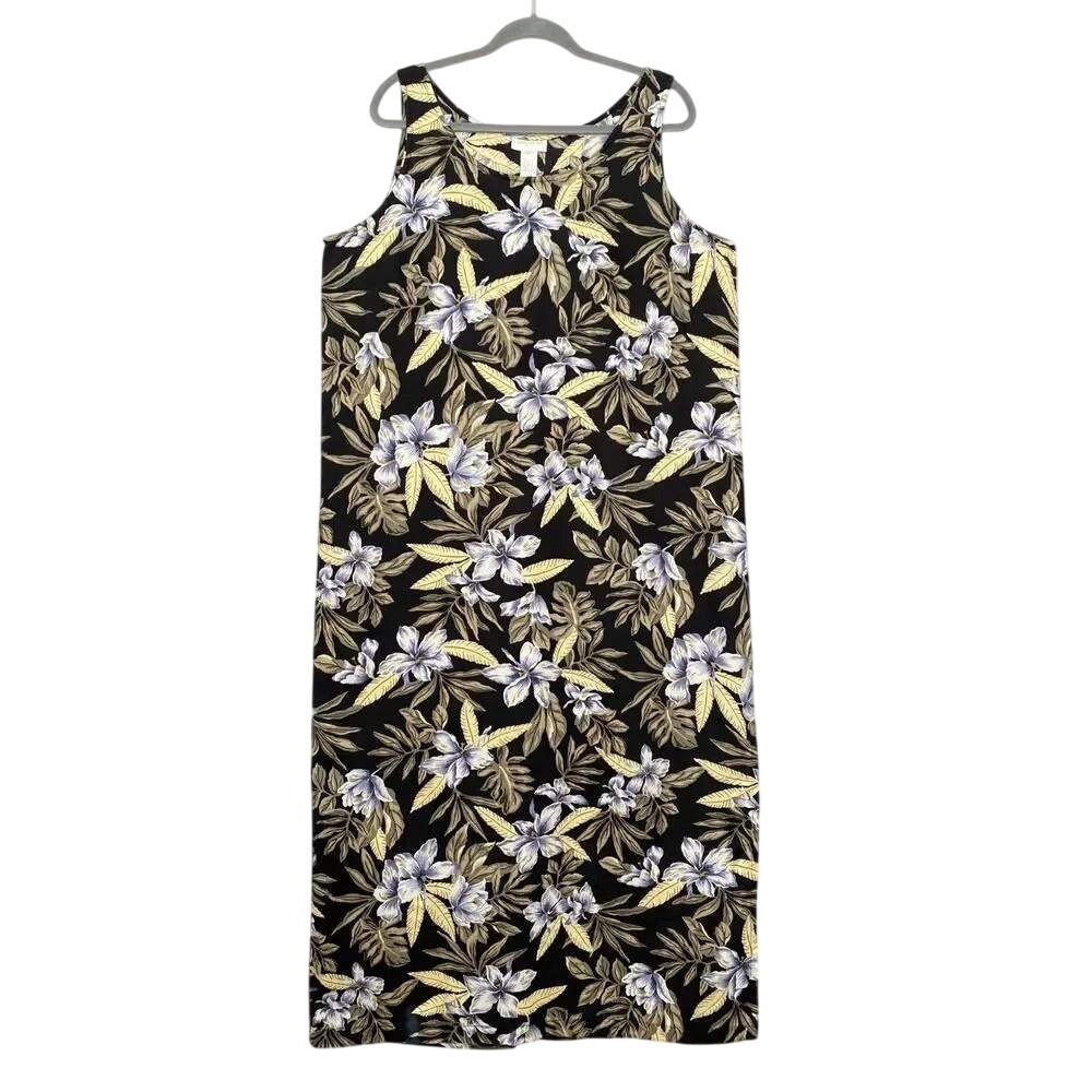 VTG 100% Linen Plus Size Maxi Dress Womens 20W Black Tropical Floral Sleeveless - Picture 2 of 14